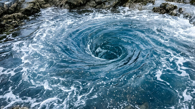 Swirling vortex of blue water forms mesmerizing pattern under bright studio lighting stock photo
