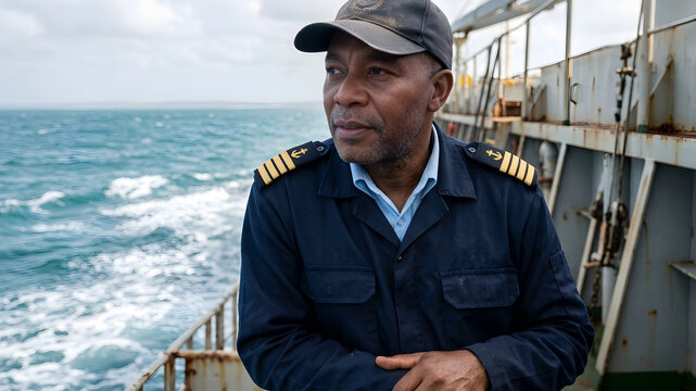 African ship captain standing on deck open sea professional commercial stock photograph