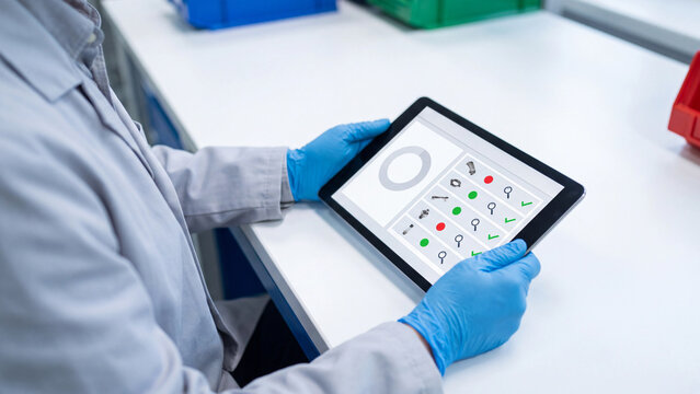 Quality control inspection and defect detection concept. Worker in gloves holding tablet with part checklist showing green and red status marks for manufacturing test and compliance