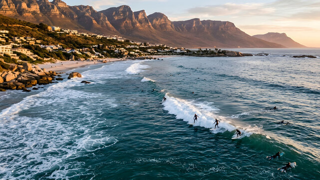 Surfers catching waves at sunset near Table Mountain Cape Town aerial view