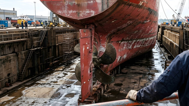 Photo of close up ship in dry dock with bronze propeller and red hull bright natural daylight