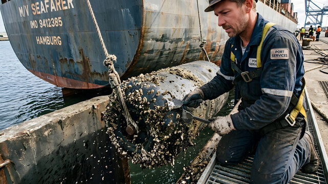 Photo of Marine worker cleaning ship fender covered with barnacles at dock.