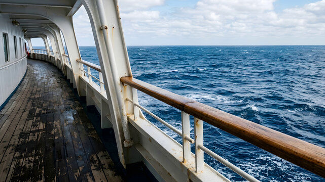 Ocean view copy space cruise ship deck railing background context static camera balanced framing