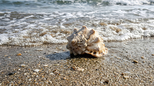 Arafed shell on sandy shore with ocean waves flat lay overhead view natural lighting