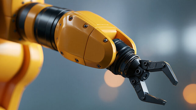 Industrial robotic arm with articulated joints and gripper, isolated on transparent background, automation technology, with copy space