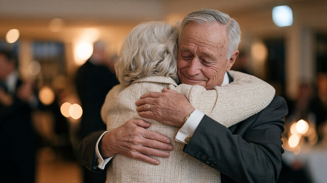a senior couple dressed in formal evening wear sharing a slow tango dip at a december milonga event for national tango day, romantic celebration, ballroom atmosphere, older adults