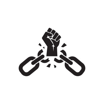 Black and White Vector Icon of a Raised Fist Breaking Free from Chains