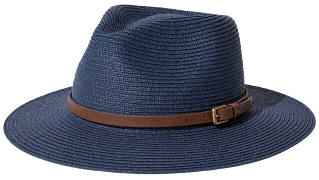 Dark blue woven straw fedora hat with brown leather band and buckle, isolated on transparent background
