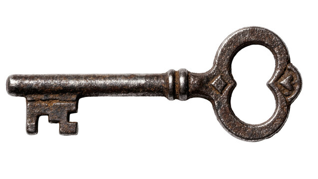 Antique rusty metal skeleton key with ornate bow, isolated on transparent background
