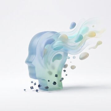 A conceptual 3D illustration showing a translucent human head profile dissolving into fluid shapes and floating geometric particles.