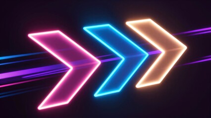 Fototapeta premium Vibrant neon arrows glow in a dynamic, futuristic light trail against a dark background.