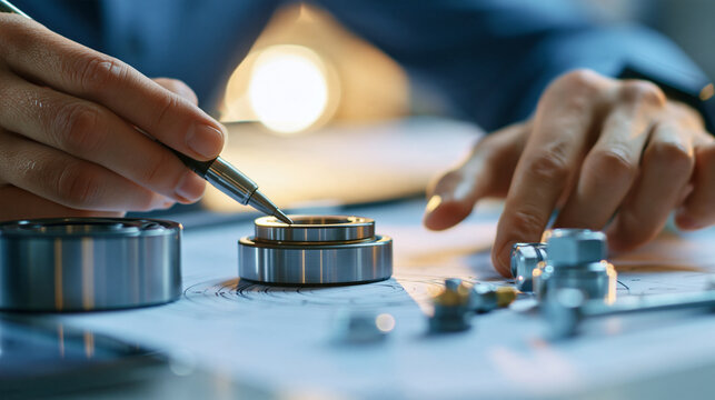 Detailed engineering drawing being reviewed alongside bearing and hardware components, precision design and mechanical expertise, technical specifications for product development,