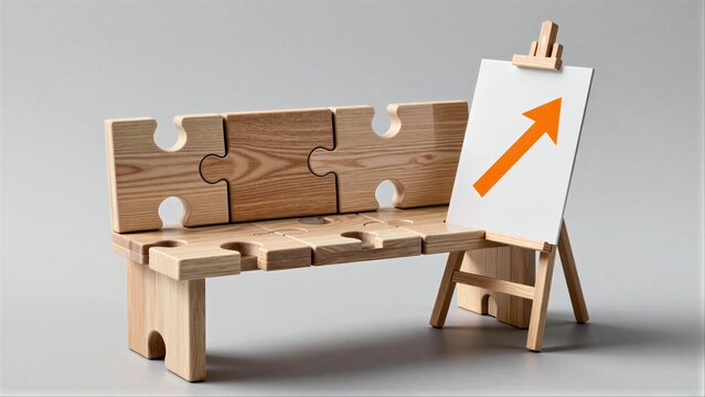 Wooden puzzle bench beside easel with upward-trending arrow graph.