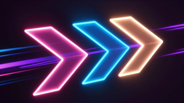 Vibrant neon arrows glow in a dynamic, futuristic light trail against a dark background.