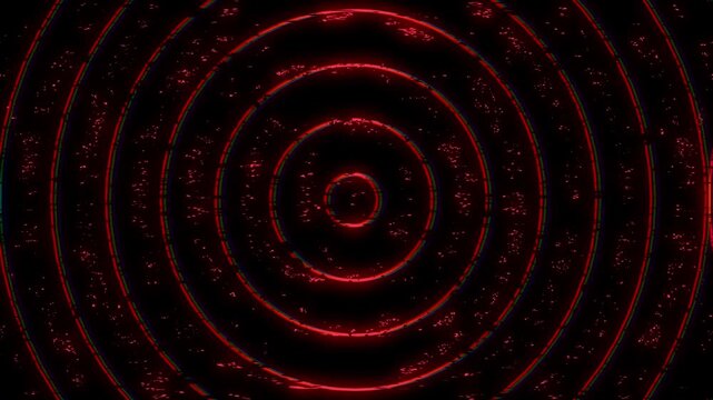 Looping motion graphic of glowing red concentric circles radiating and expanding outward with a digital glitch and noise distortion effect on a black background.