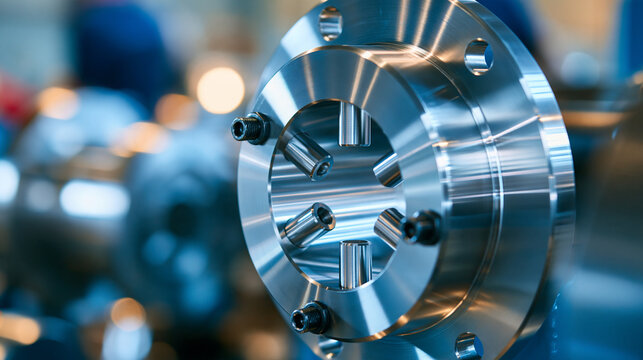 Close-up view of a precision-machined silver metal component with a central bore and six internal radial supports, featuring a bolted flange, industrial engineering detail, with