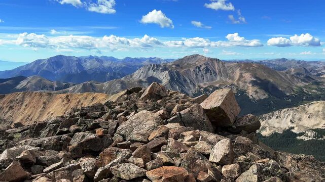 Mount Yale 14er Collegiate Peaks Wilderness Sawatch Range top of summit Mount Columbia nature landscape Colorado Buena Vista North Cottonwood Creek Trl summer morning blue sky clouds Rocky Mountains