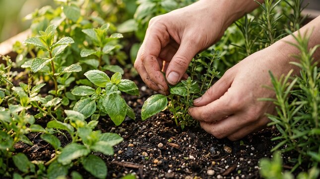 Gardener hands tending to small green herb plants in outdoor garden soil.