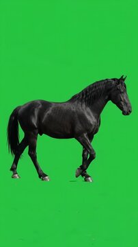 Glossy ebony horse striding gracefully across a bright chroma key green screen, showcasing powerful musculature, ideal for seamless video compositing.