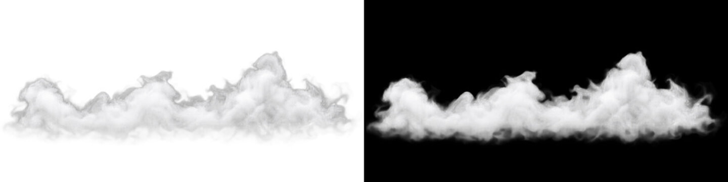 Horizontal billowing white cumulus cloud border on transparent background, rolling atmospheric smoke mist with soft layered volume. Summer sky overcast fog creates clean weather horizon element.