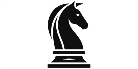 Black silhouette of a chess knight horse piece standing on a pedestal on a plain white background de © Md