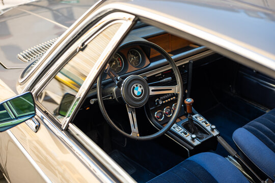 Kemptthal, Lindau, Switzerland, September 13, 2026. View into the interior of a classic BMW E9 coupe car dashboard.