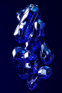 3D vertical cobalt crystal sculpture with floating polygon forms on dark background