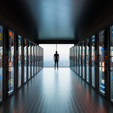 3D cyber robot centered in luminous server room with cloud computing infrastructure