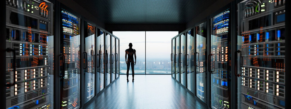 3D robotic operator servicing open server rack in panoramic network facility
