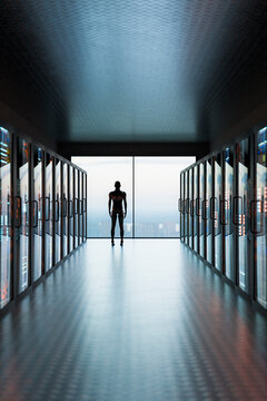 3D artificial intelligence robot walking between glowing server cabinets