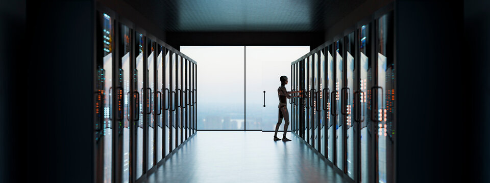 3D service robot inspecting wide server corridor with glass cabinet reflections