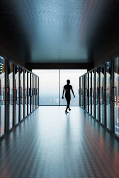 3D autonomous robot overlooking city from vertical data center corridor
