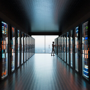 3D AI robot standing between mirrored server rows in modern cloud facility