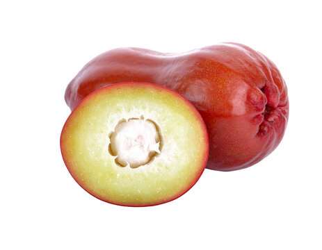 Fresh red water apple fruit whole and sliced showing white flesh, PNG file with transparent background