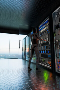 3D maintenance robot operating illuminated server rack in high rise data center
