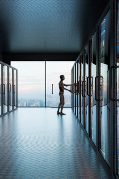 3D humanoid robot framed by vertical server aisle in futuristic data center