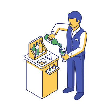 Vector illustration of an isometric bartender pouring drink from bottle into glass at bar counter