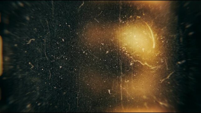 Microscopic analog film grain with embedded dust and scratches, cinematic abstract visual for vintage cinematic nostalgia