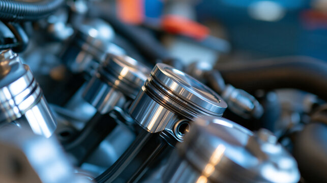 Detailed view of internal combustion engine mechanical parts, automotive engineering detail, precision manufacturing, with copy space