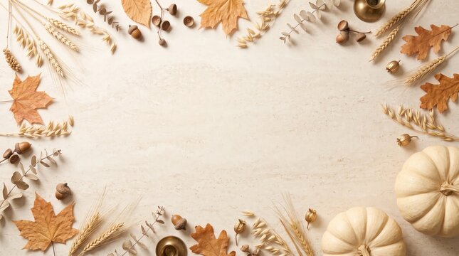 Autumn frame composition with white pumpkins dry leaves and wheat on textured background fall flat lay autumn season seasonal background nature background autumn decor autumnal top view