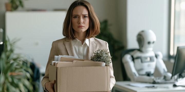 Worried female employee carrying a box of belongings while a humanoid robot works behind her, concept of job loss caused by artificial intelligence and automation