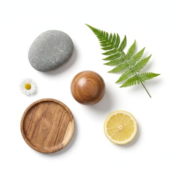 A flat lay composition of spa and wellness items including a wooden bowl, a smooth gray stone, a fresh green fern leaf, a lemon slice, and a small daisy flower on a white background.