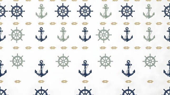Seamless pattern with nautical elements including anchors, ship wheels, and ropes on a white background