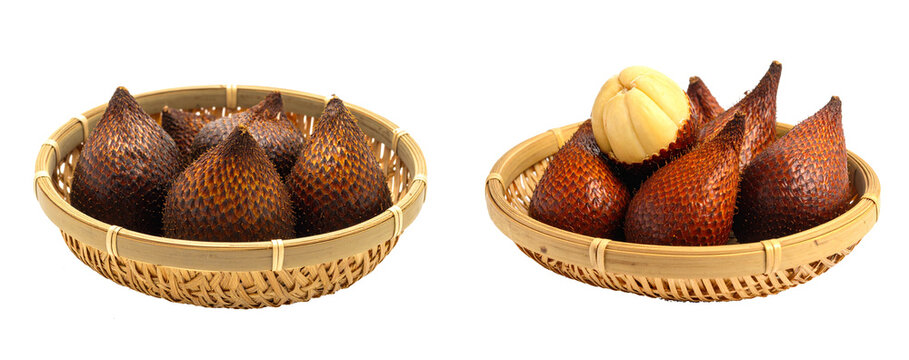 Fresh salak snake fruit in woven basket, PNG file with transparent background