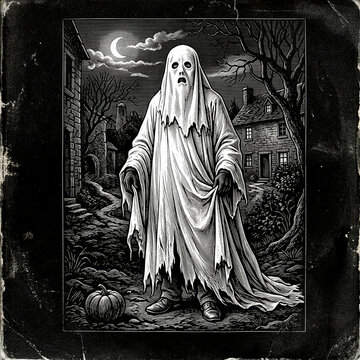 vintage engraved illustration halloween ghost walking in a street
