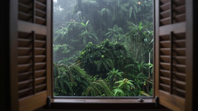 Rainy Day View of Lush Tropical Jungle Through Open Window
