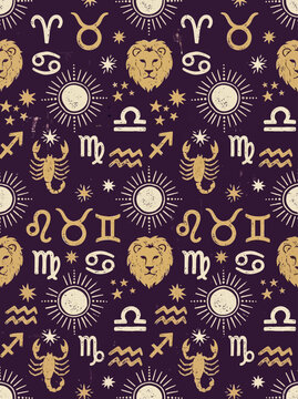 Zodiac Symbols and Celestial Signs Pattern on Dark Purple