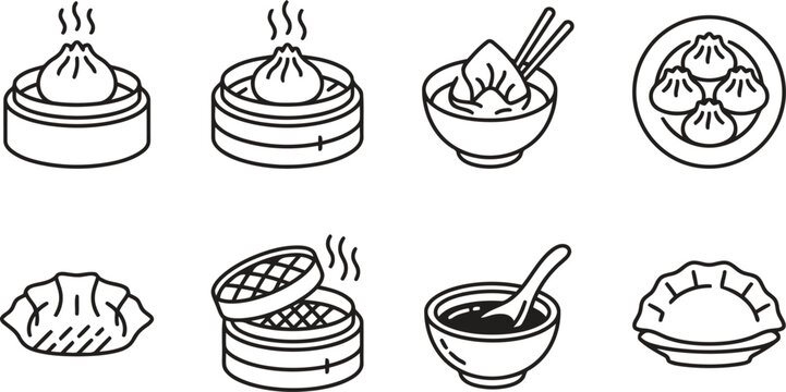 Set of outline icons representing steamed dumplings dim sum and traditional asian food in bowls with dumpling