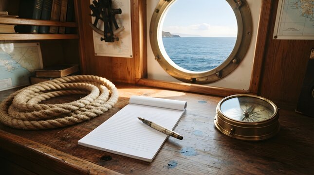 Nautical desk with a compass, rope, and notebook by a porthole window overlooking the sea