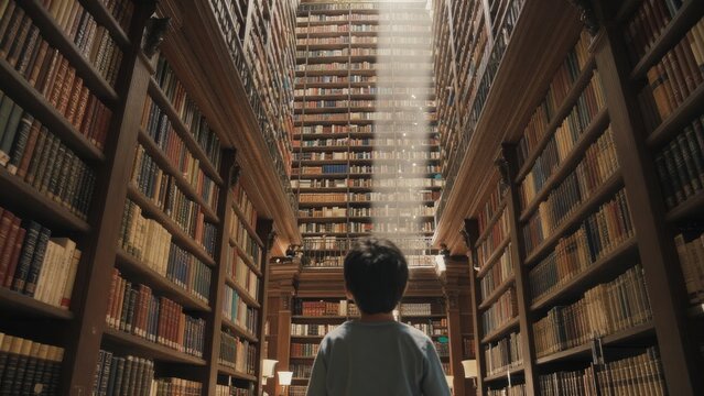 Child Gazing at Tall Bookshelves in a Grand Library Setting